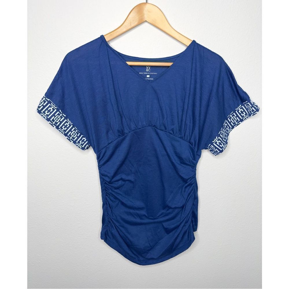New York & Company Womens Blue Kaftan Sleeve Neck Ruched Top Shirt Blouse Small